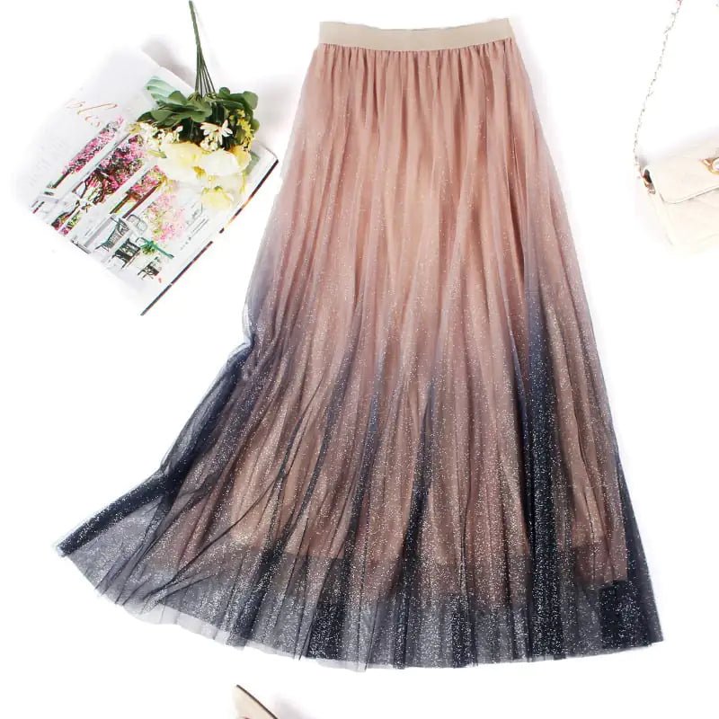 High - Waisted Pleated Skirt with Gradient Mesh Design - Catch Cards