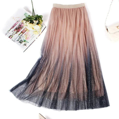 High - Waisted Pleated Skirt with Gradient Mesh Design - Catch Cards