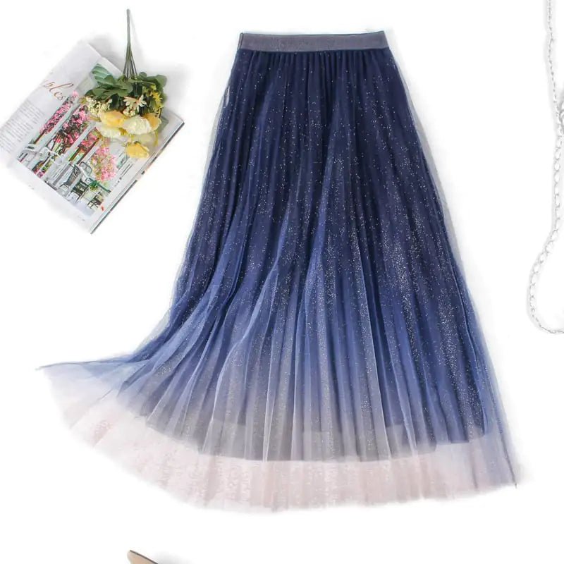 High - Waisted Pleated Skirt with Gradient Mesh Design - Catch Cards