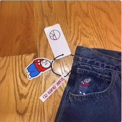 Cartoon Embroidered Denim Shorts WEM Support (www.WEM.support)