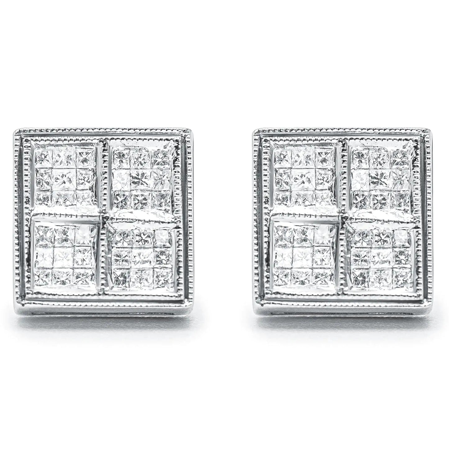14K White Gold 1/2 Cttw Princess Diamond Composite Box Shape Milgrain Stud Earrings (H-I Color, SI1-SI2 Clarity) WEM Support (www.WEM.support)