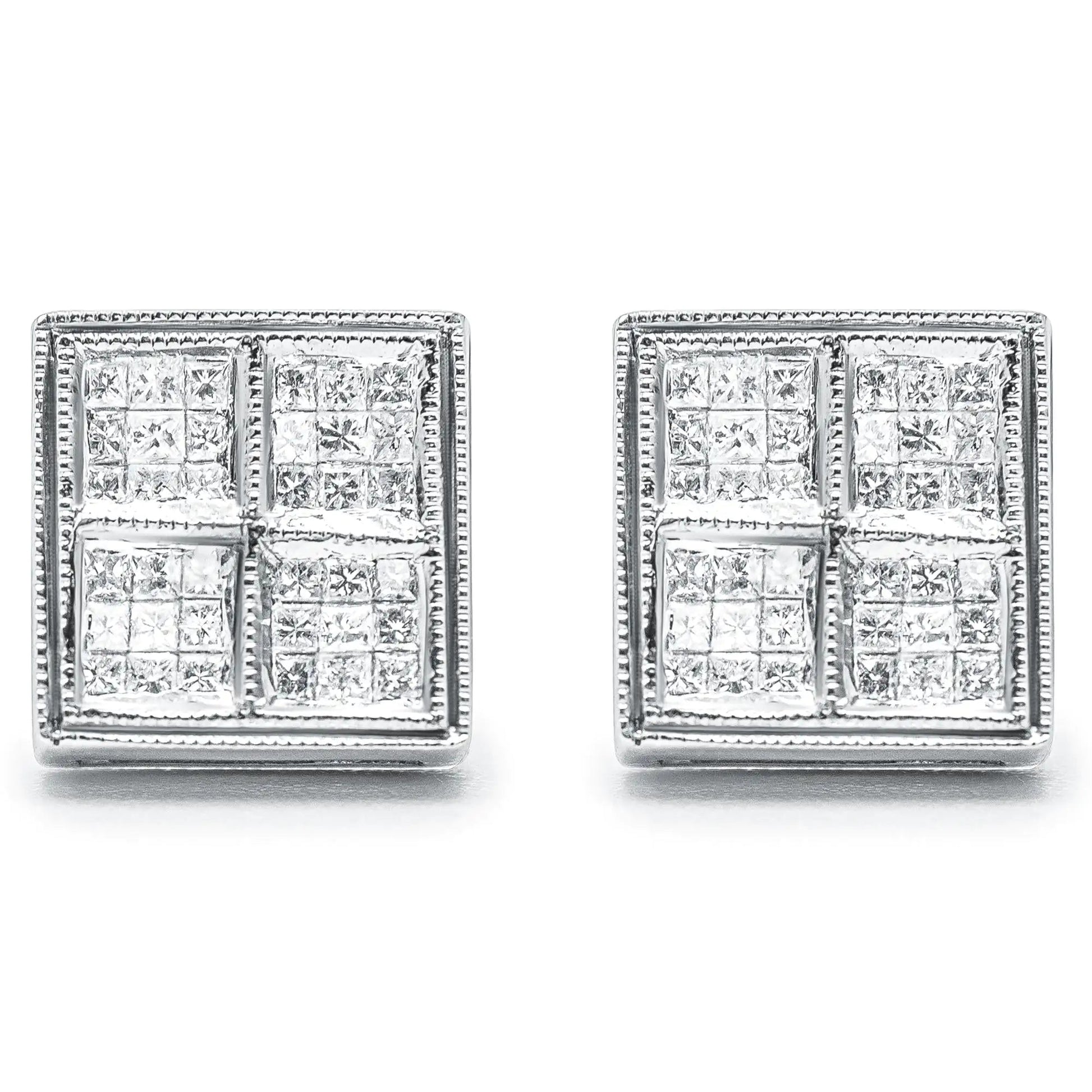 14K White Gold 1/2 Cttw Princess Diamond Composite Box Shape Milgrain Stud Earrings (H-I Color, SI1-SI2 Clarity) WEM Support (www.WEM.support)