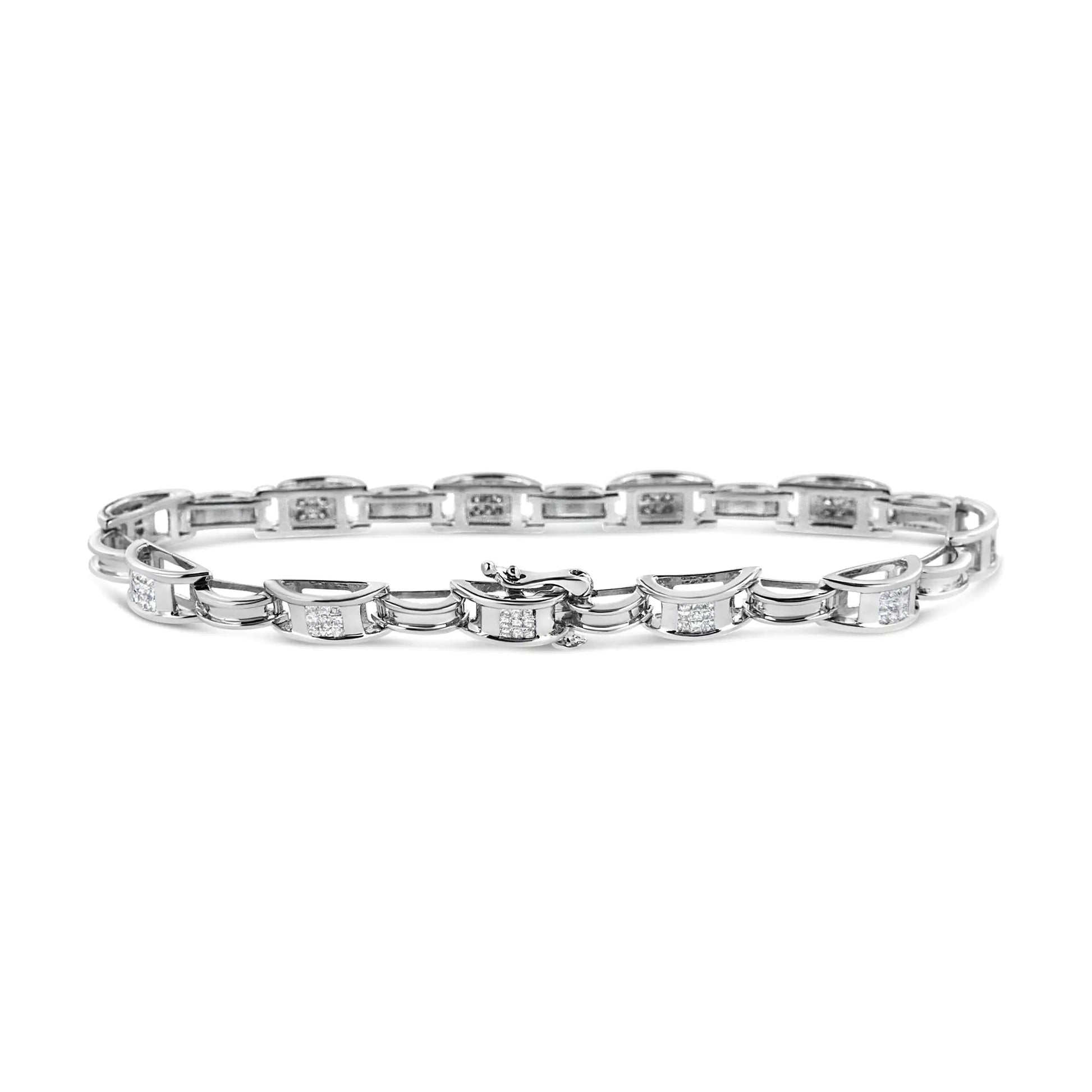 14K White Gold 1.0 Cttw Invisible Set Princess Diamond Alternating Link Tennis Bracelet (I-J Color, I1-I2 Clarity) - 7.25" WEM Support (www.WEM.support)