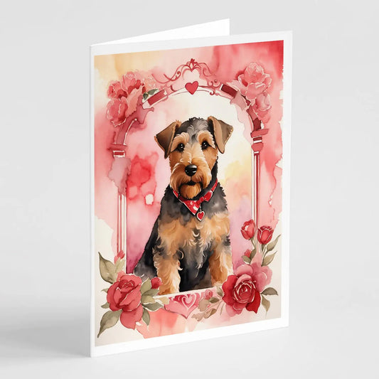 Airedale Terrier Valentine Roses Greeting Cards Pack of 8 WEM Support (www.WEM.support)