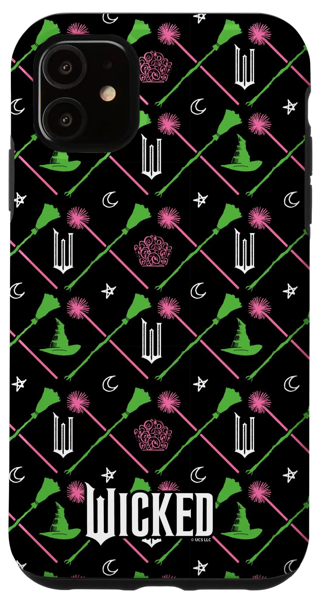 A phone case with an all-over print featuring characters and elements from the Wicked movie, predominantly black with green, pink, and white details.