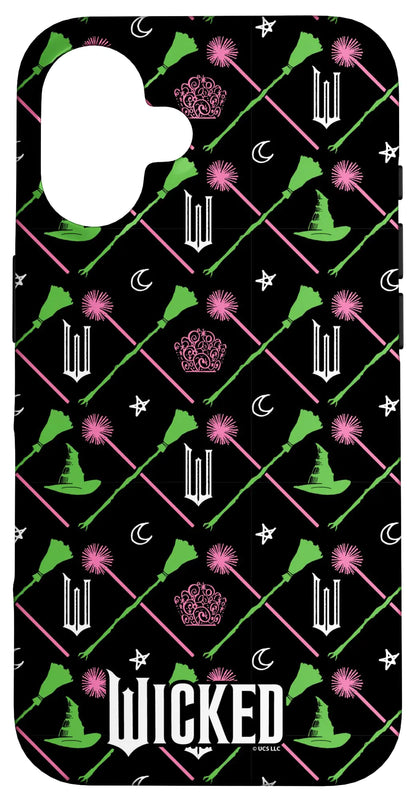 A phone case with an all-over print featuring characters and elements from the Wicked movie, predominantly black with green, pink, and white details.