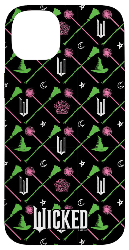 A phone case with an all-over print featuring characters and elements from the Wicked movie, predominantly black with green, pink, and white details.