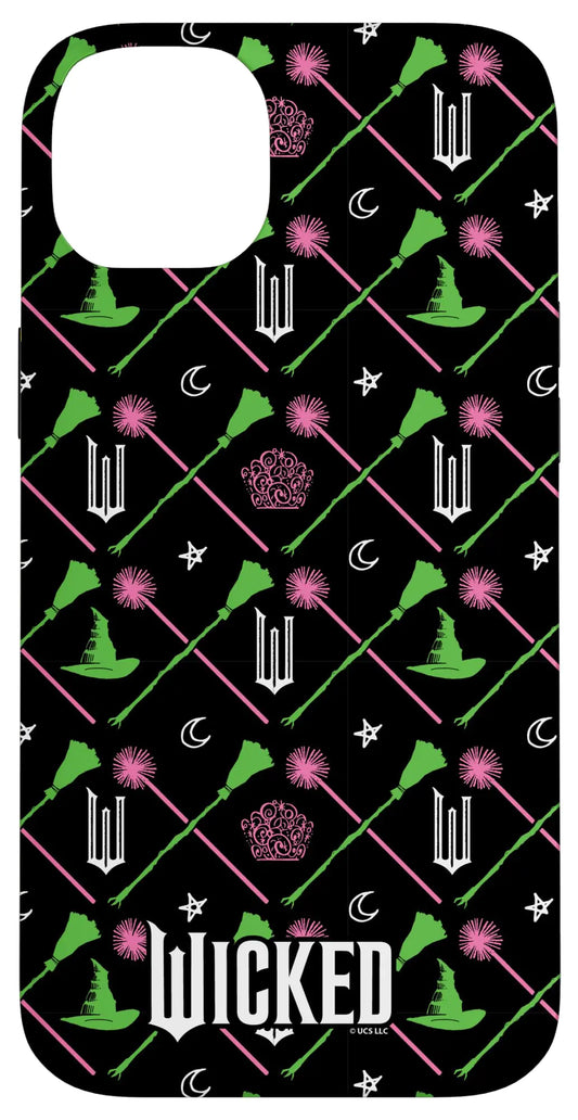 A phone case with an all-over print featuring characters and elements from the Wicked movie, predominantly black with green, pink, and white details.