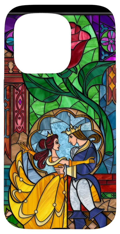 A phone case featuring a stained glass design with Disney's Beauty and the Beast characters Belle and the Prince.