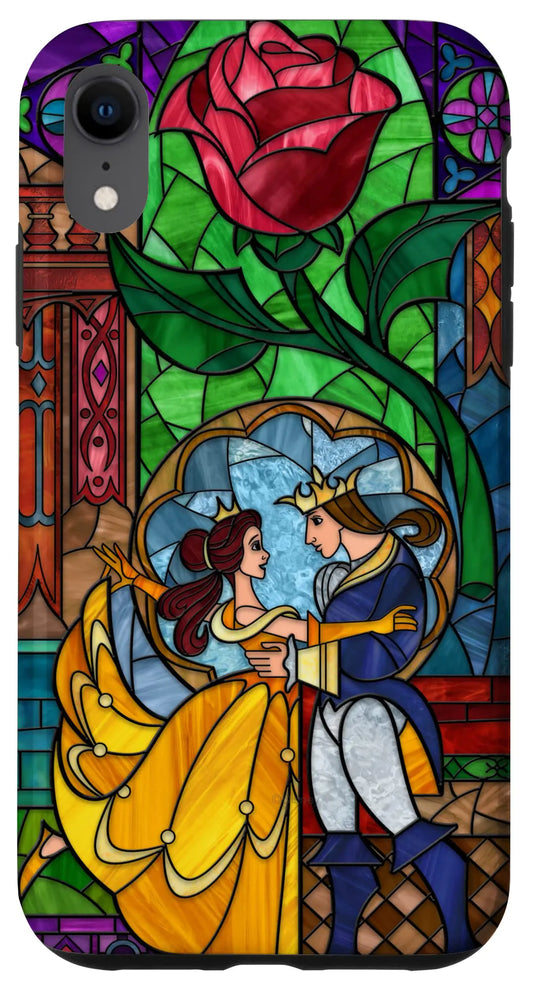 A phone case featuring a stained glass design with Disney's Beauty and the Beast characters Belle and the Prince.