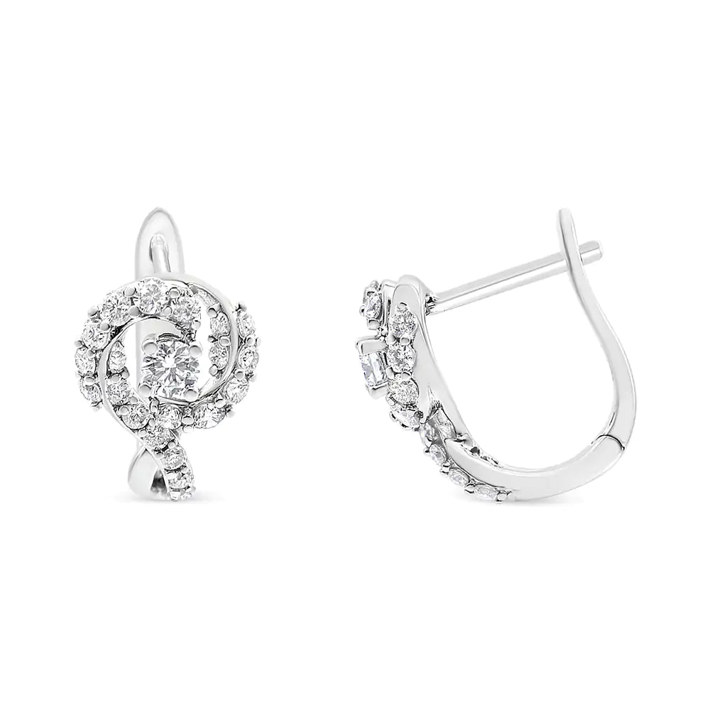 14K White Gold 5/8 Cttw Diamond Solitaire Halo Swirl Huggie Hoop Earrings (J-K Color, SI2-I1 Clarity) WEM Support (www.WEM.support)