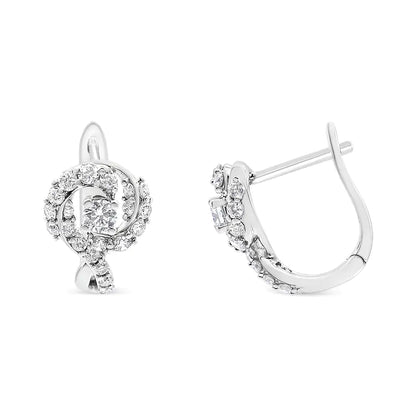 14K White Gold 5/8 Cttw Diamond Solitaire Halo Swirl Huggie Hoop Earrings (J-K Color, SI2-I1 Clarity) WEM Support (www.WEM.support)