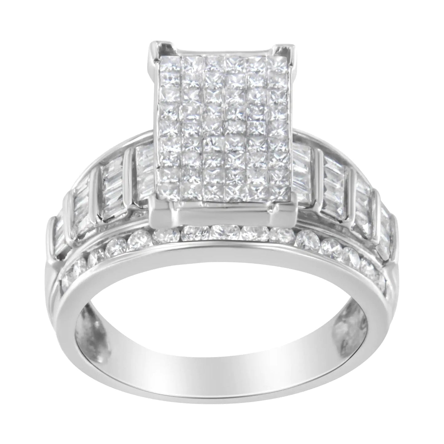 14K White Gold 2.0 Cttw Mixed-Cut Diamond Rectangle Invisible-Set Composite Cluster Ring with Bar- and Channel-Set Band (H-I Color, SI2-I1 Clarity) WEM Support (www.WEM.support)