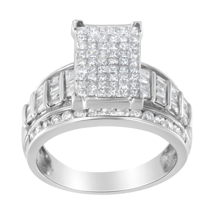 14K White Gold 2.0 Cttw Mixed-Cut Diamond Rectangle Invisible-Set Composite Cluster Ring with Bar- and Channel-Set Band (H-I Color, SI2-I1 Clarity) WEM Support (www.WEM.support)