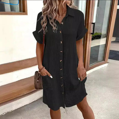 Summer Short Sleeve Shirt Dress Fashion Solid Color Single-breasted Mid-length Loose Dress WEM Support (www.WEM.support)