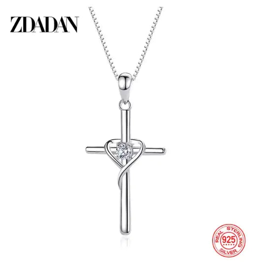 ZDADAN 925 Silver Blue Zircon Cross Pendant Necklace for Women WEM Support (www.WEM.support)