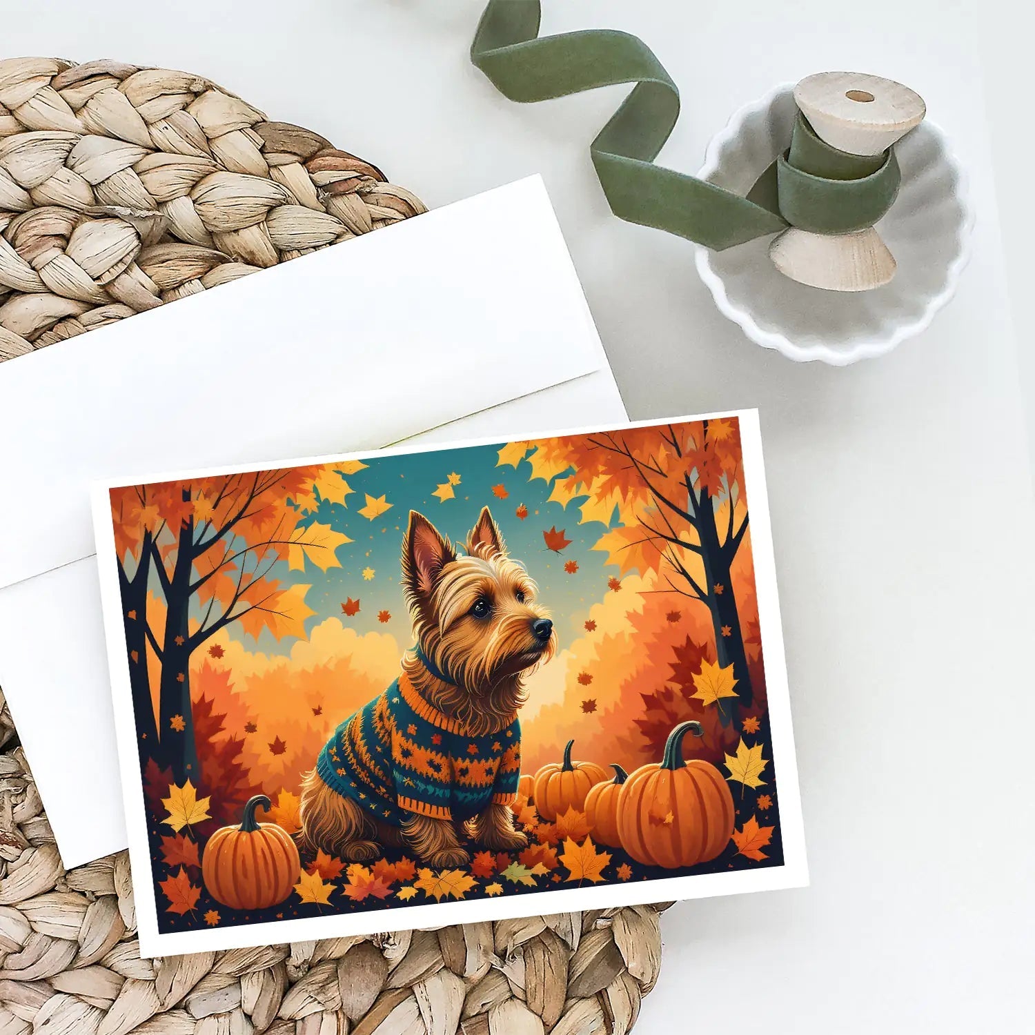 Australian Terrier Terrier Fall Greeting Cards Pack of 8 WEM Support (www.WEM.support)