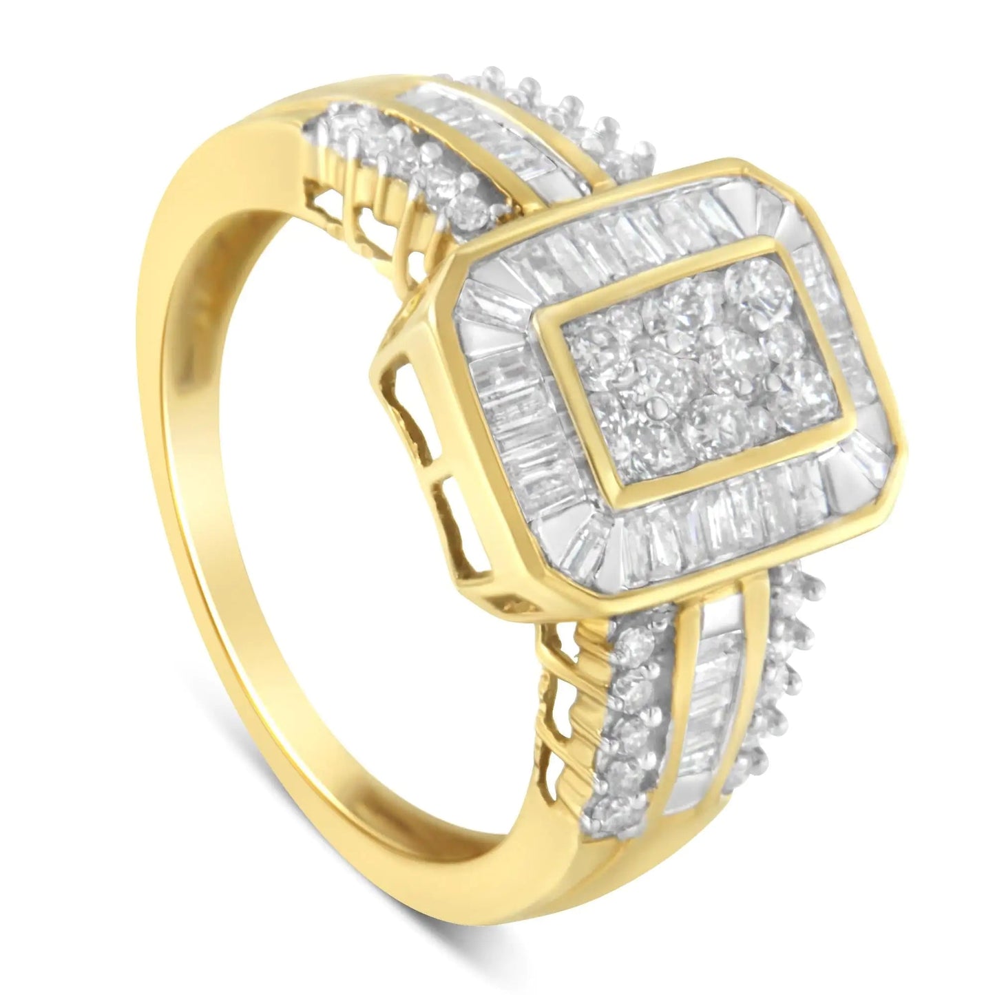 10K Yellow Gold Round and Baguette-Cut Diamond Cocktail Ring (1.0 Cttw, H-I Color, SI2-I1 Clarity) WEM Support (www.WEM.support)