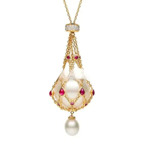 Pearl Gemstone Lavalier Pendant Necklace with Metal Net Bag WEM Support (www.WEM.support)