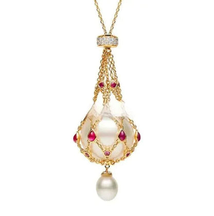 Pearl Gemstone Lavalier Pendant Necklace with Metal Net Bag WEM Support (www.WEM.support)