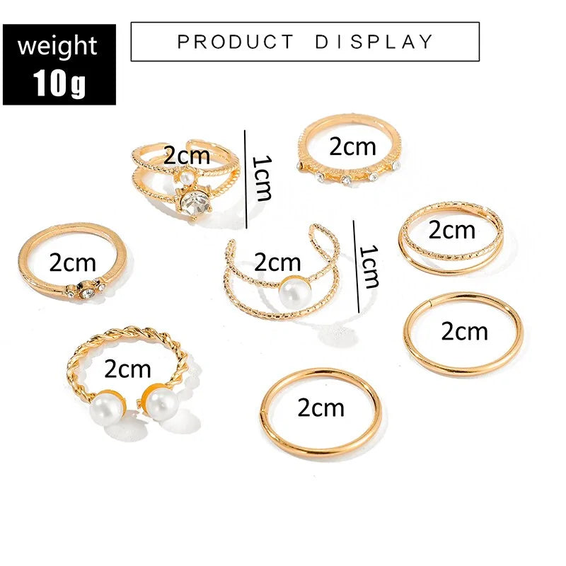 Gold Geometric Ring Set with Pearls and Crystals WEM Support (www.WEM.support)