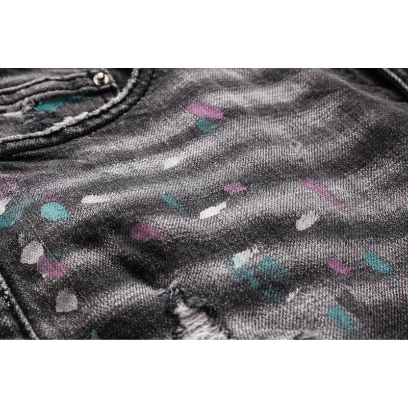 Men's Ripped Patch Jeans Youth Slim Pants Biker Pants Inkjet Personality WEM Support (www.WEM.support)