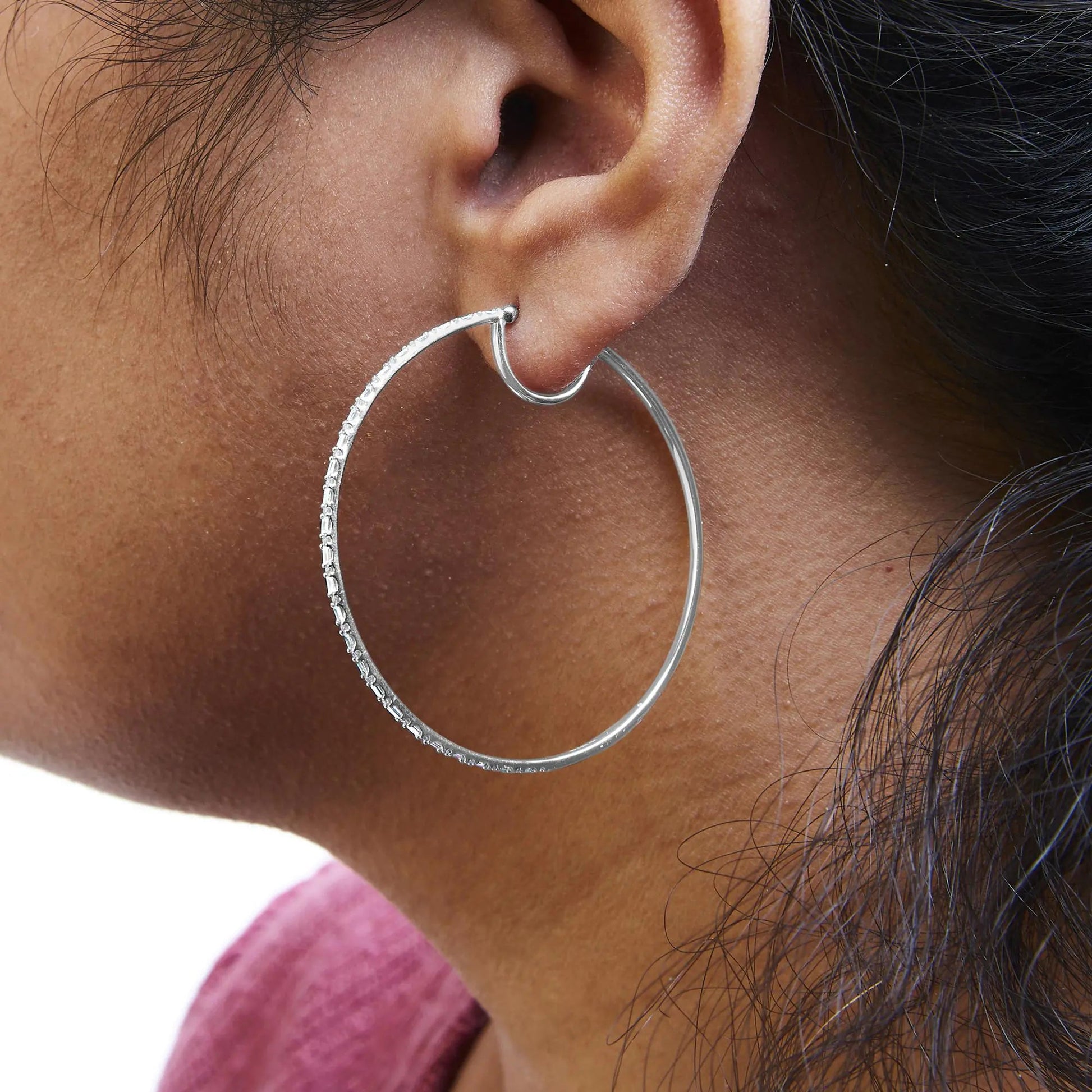 10K White Gold 1/2 Cttw Baguette and Round Alternating Diamond Hoop Earrings (I-J Color, I2-I3 Clarity) WEM Support (www.WEM.support)