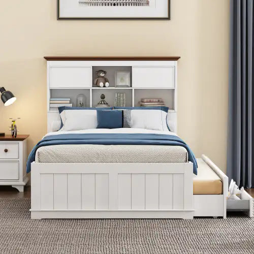 Solid Pine Captain Bookcase Bed With Trundle Bed And 3 Spacious Under Bed Drawers In Casual,Full, White Walnut WEM Support (www.WEM.support)