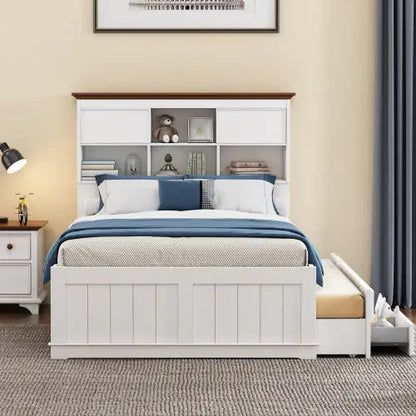 Solid Pine Captain Bookcase Bed With Trundle Bed And 3 Spacious Under Bed Drawers In Casual,Full, White Walnut WEM Support (www.WEM.support)