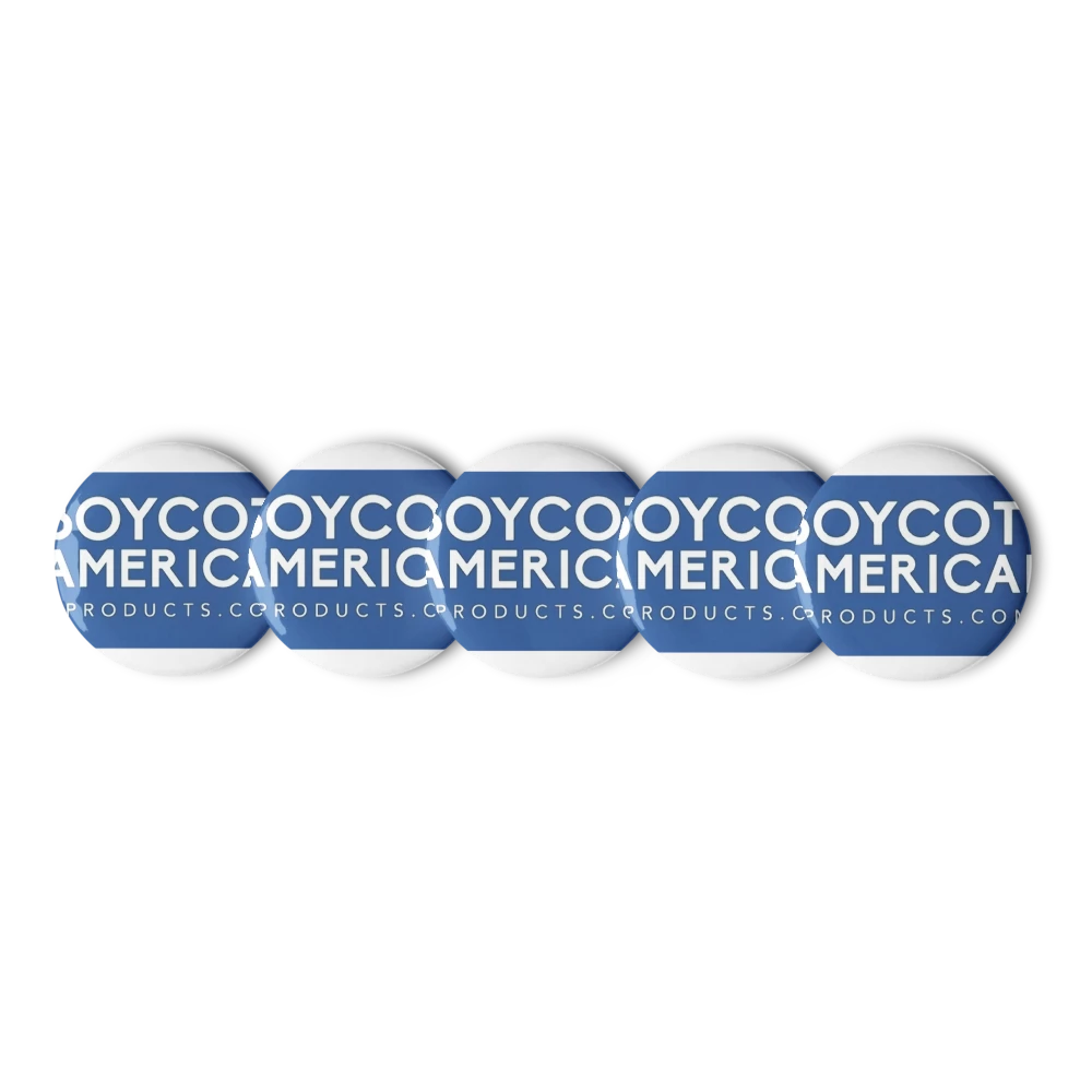 The Set of Pin Buttons features a blue and white circular design with white text, a glossy finish, and is both scratch- and UV-resistant.