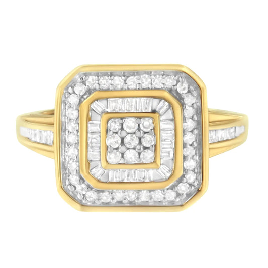 10K Yellow Gold 1/2 Cttw Round & Baguette-Cut Diamond Vintage-Inspired Square Cluster Framed Double Halo Cocktail Fashion Ring (H-J Color, SI2-I1 Clarity) WEM Support (www.WEM.support)
