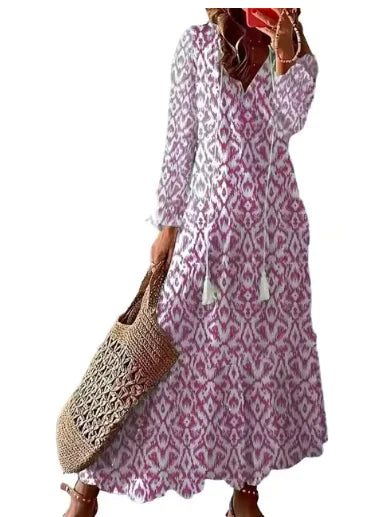 Bohemian V-Neck Long Sleeve Midi Dress for Women WEM Support (www.WEM.support)