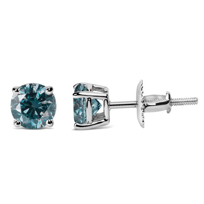 14K Gold Round Brilliant Cut Lab Grown Blue Diamond 4-Prong Classic Solitaire Stud Earrings with Screwbacks WEM Support (www.WEM.support)