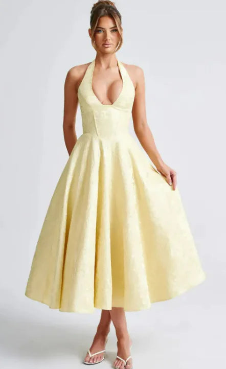 V-neck Halter Sleeveless Jacquard Lace-up Waist Dress WEM Support (www.WEM.support)