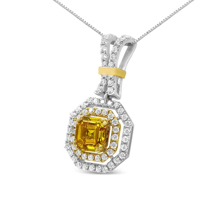 18K White and Yellow Gold 1.75 Cttw Lab Grown Treated Yellow Asscher Center Diamond Halo 18" Pendant Necklace (Yellow/G-H Color, VS1-VS2 Clarity) WEM Support (www.WEM.support)