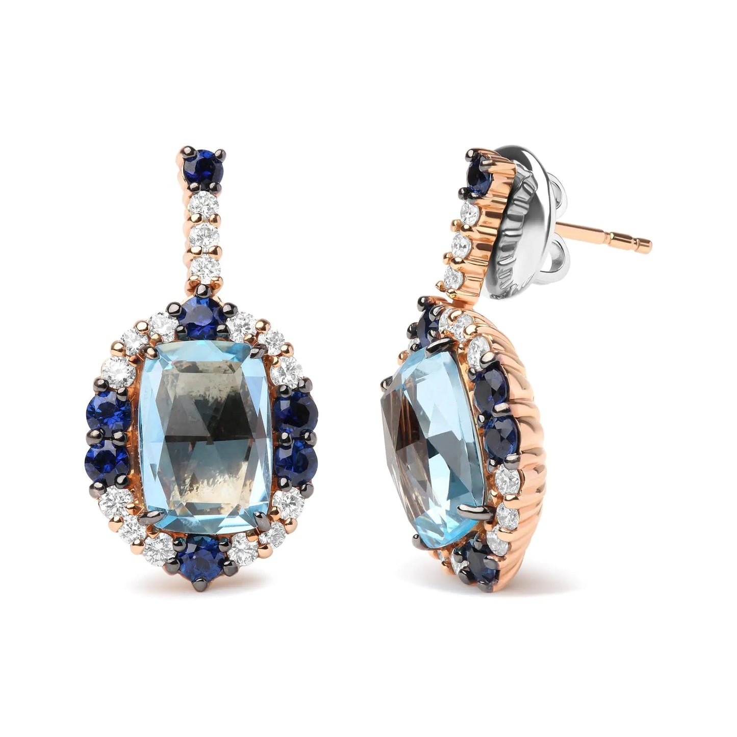 18K White and Rose Gold and 3/4 Cttw Diamond with Round Blue Sapphire and 13x8mm Cushion Cut Sky Blue Topaz Gemstone Cluster Dangle Earrings (G-H Color, SI1-SI2 Clarity) WEM Support (www.WEM.support)