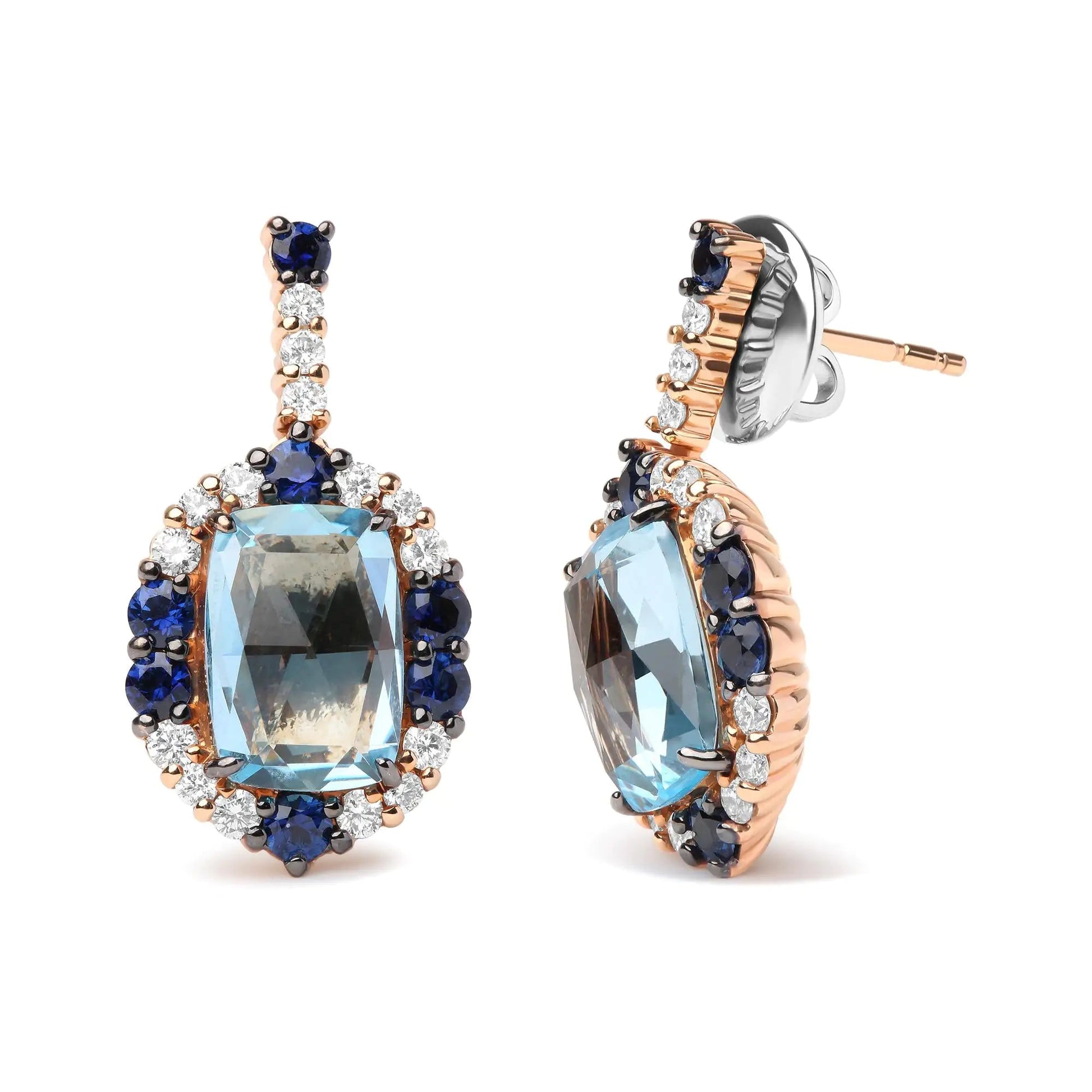 18K White and Rose Gold and 3/4 Cttw Diamond with Round Blue Sapphire and 13x8mm Cushion Cut Sky Blue Topaz Gemstone Cluster Dangle Earrings (G-H Color, SI1-SI2 Clarity) WEM Support (www.WEM.support)