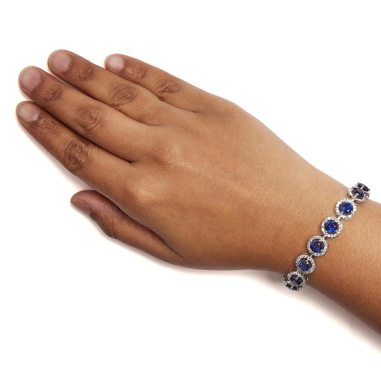 .925 Sterling Silver 21.0 Cttw Created Blue Sapphire and White Topaz Halo Link Bracelet - 7.25 inch WEM Support (www.WEM.support)