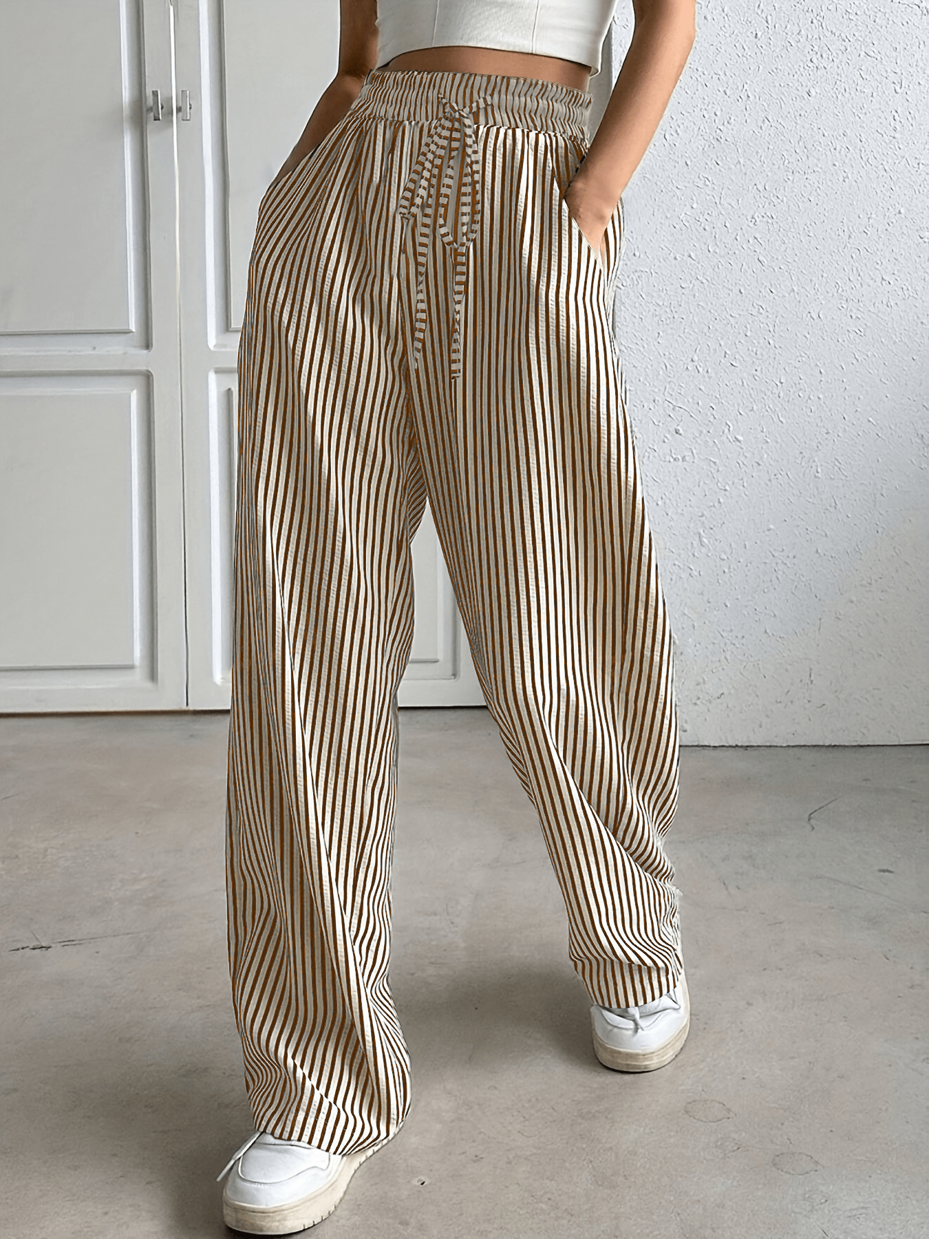 Korean Style Striped Drawstring Pants - Catch Cards