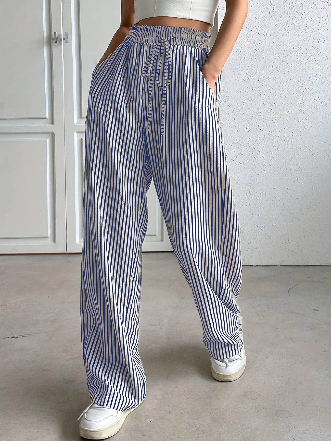 Korean Style Striped Drawstring Pants - Catch Cards