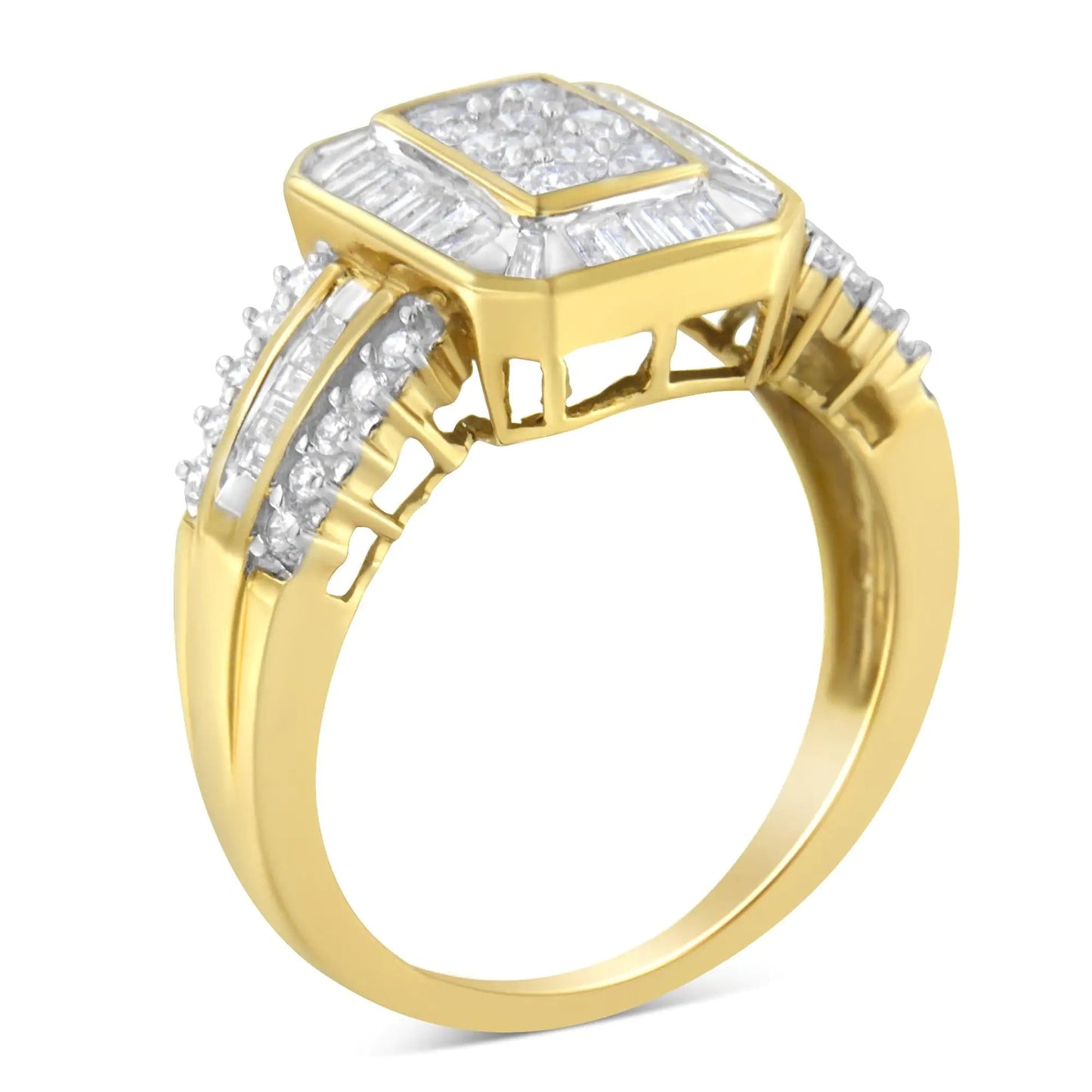10K Yellow Gold Round and Baguette-Cut Diamond Cocktail Ring (1.0 Cttw, H-I Color, SI2-I1 Clarity) WEM Support (www.WEM.support)