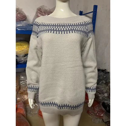 Women's Multicolor Round Neck Loose Knit Sweater WEM Support (www.WEM.support)