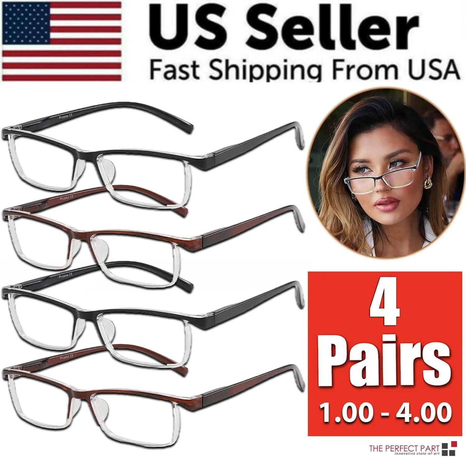 4 Pack Reading Glasses Readers Men Women Square Frame Spring Hinge Unisex Pairs WEM Support (www.WEM.support)