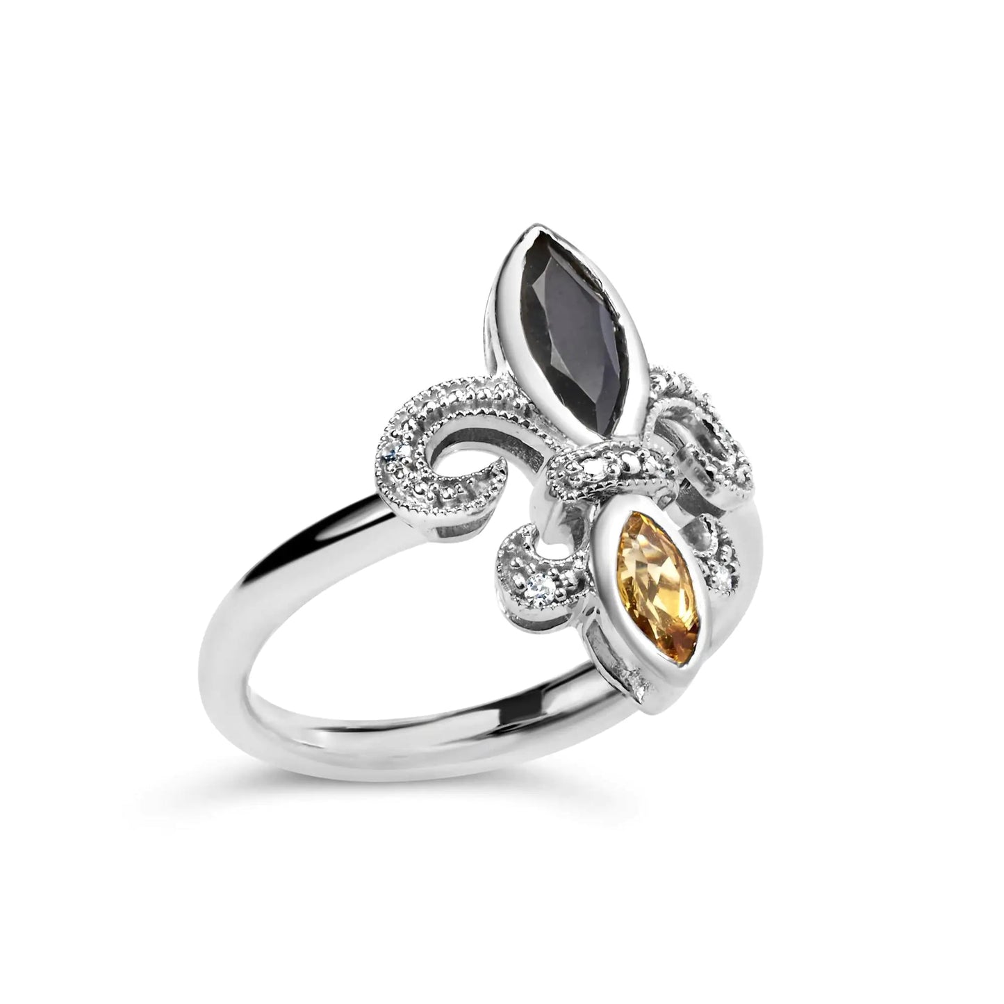 .925 Sterling Silver Black Onyx and Yellow Citrine Marquise and Diamond Accent Fleur De Lis Ring (H-I Color, SI1-SI2 Clarity) WEM Support (www.WEM.support)