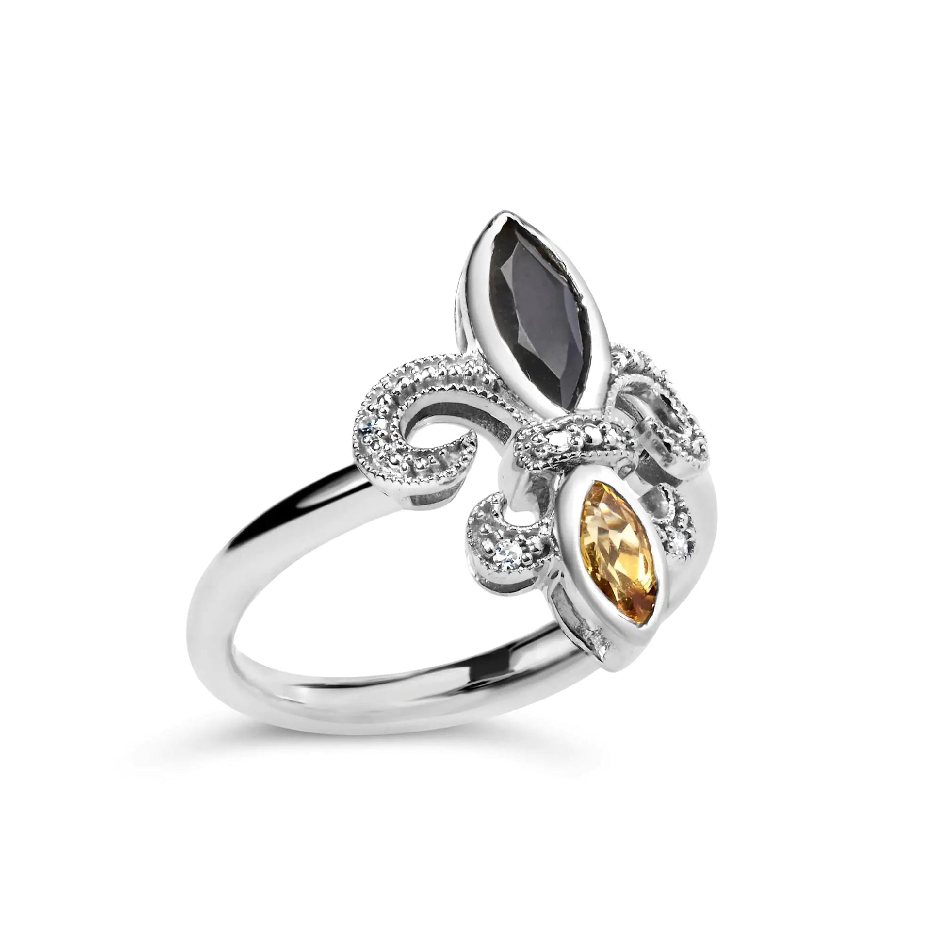 .925 Sterling Silver Black Onyx and Yellow Citrine Marquise and Diamond Accent Fleur De Lis Ring (H-I Color, SI1-SI2 Clarity) WEM Support (www.WEM.support)