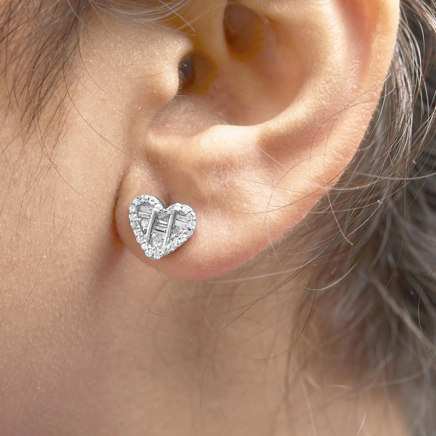 .925 Sterling Silver 1/2 Cttw Round and Baguette Diamond Composite Heart Shaped Stud Earring (I-J Color, SI2-I1 Clarity) WEM Support (www.WEM.support)