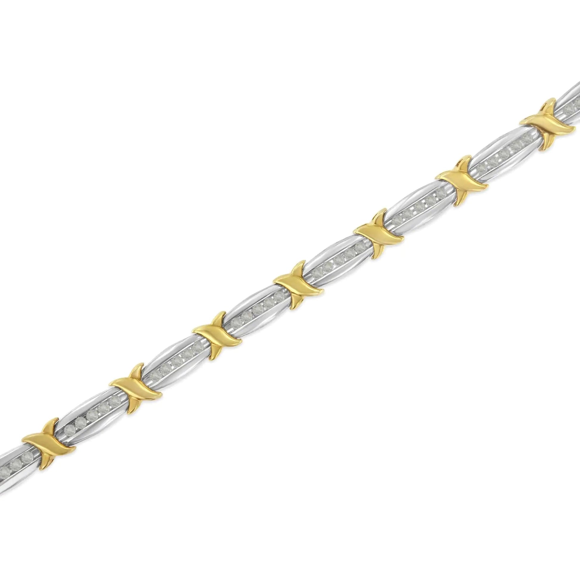 Two-Tone 10K Yellow Gold over .925 Sterling Silver 1.0 Cttw Diamond Channel Set Tapered & X-Link 7" Tennis Bracelet (H-I Color, I2-I3 Clarity) WEM Support (www.WEM.support)