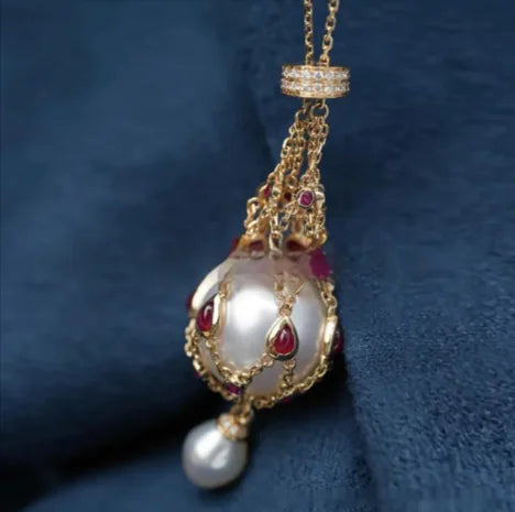 Pearl Gemstone Lavalier Pendant Necklace with Metal Net Bag WEM Support (www.WEM.support)