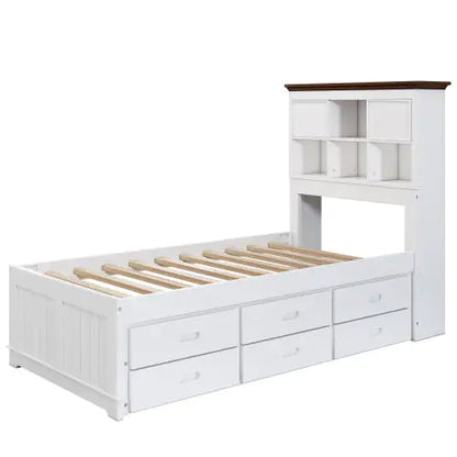 Solid Pine Captain Bookcase Bed With Trundle Bed And 3 Spacious Under Bed Drawers In Casual,Twin, White Walnut WEM Support (www.WEM.support)