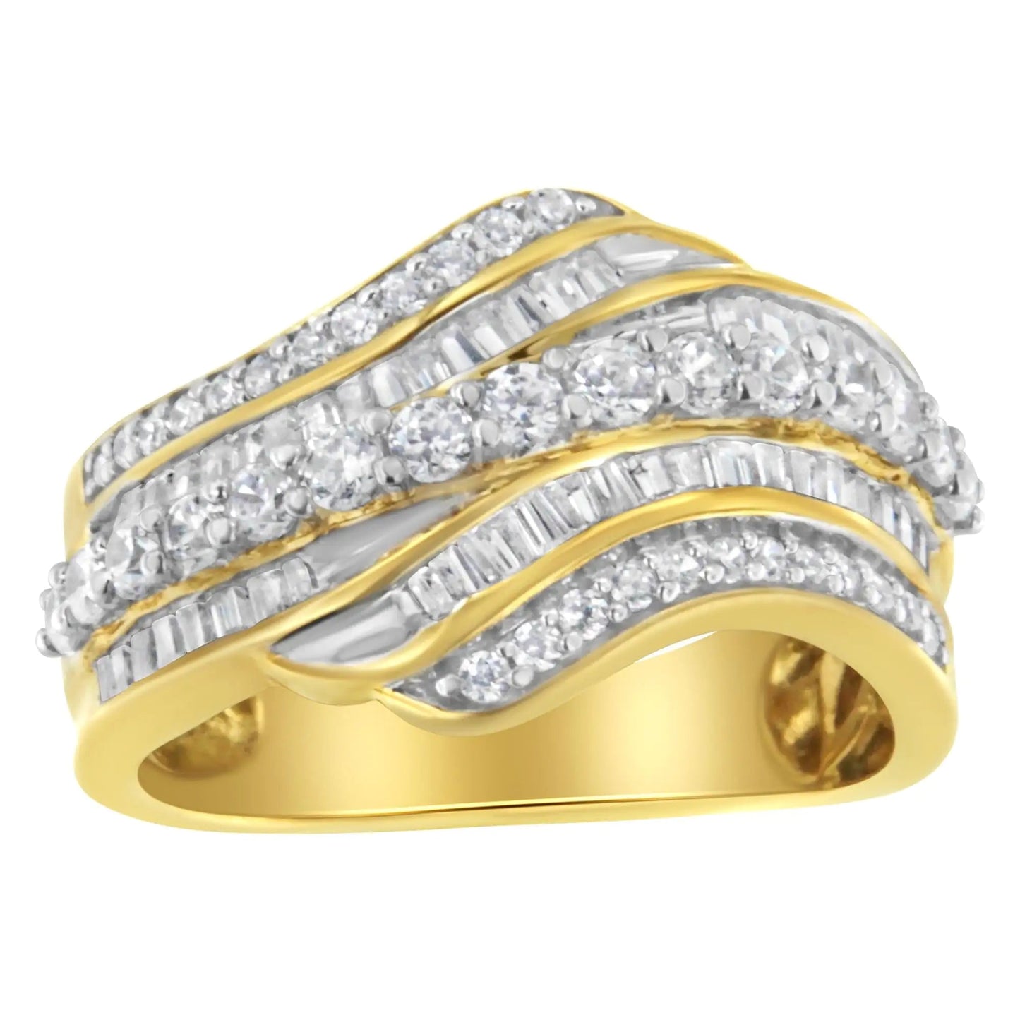 10K Yellow Gold 1.0 Cttw Baguette and Round Diamond Multi-Row Wave Bypass Ring (I-J Color, I1-I2 Clarity) WEM Support (www.WEM.support)